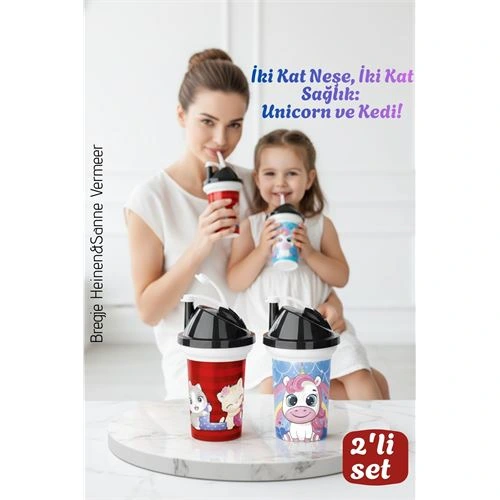 Çocuk Pipetli Bardak Seti 2'li Unicorn & Kedi Figürlü İkili Eğlenceli Kapaklı Suluk Matara 300 ml 722549