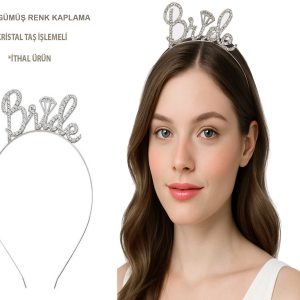 Gümüş Renkli Taşlı “Bride” Gelin Tacı – El Yazısı Yazı Tipiyle