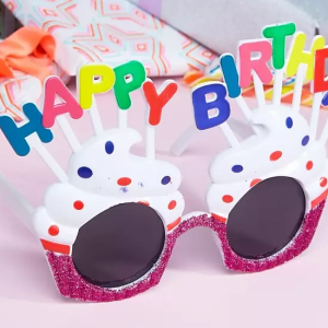 Happy Birthday Yazılı Beyaz Fuşya Renk Beyaz Pastalı Parti Gözlüğü 12x7 cm
