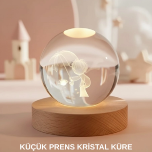 Küçük Prens Figürlü 3D Kristal Top Sıcak Işıklı USB Ahşap Tabanlı Dekor Lamba