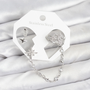 Kutup Yıldızı Model Pirinç Gümüş Renk Zincir Bağlantılı Ear Cuff Küpe Seti