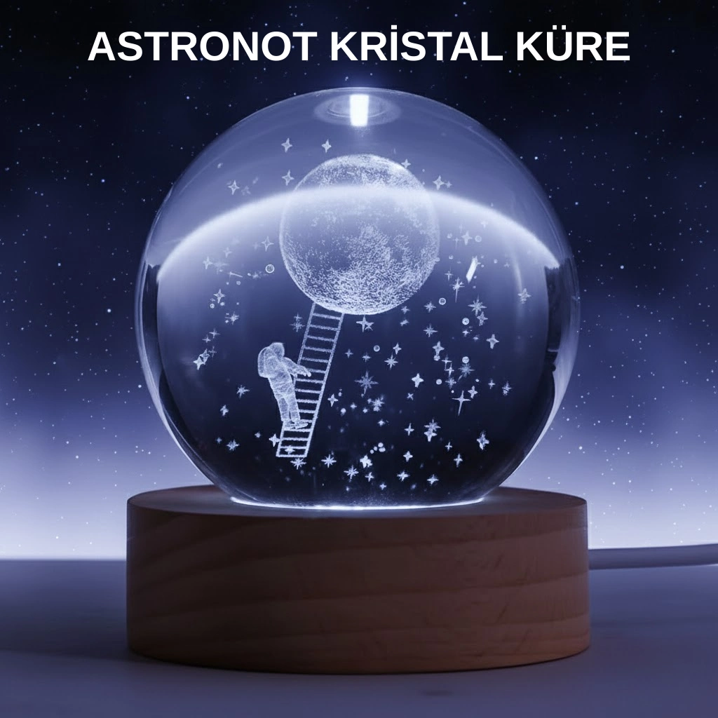 Lazer İşlemeli 3D Astronot Kristal Küre LED Işıklı Uzay Temalı Gece Lambası