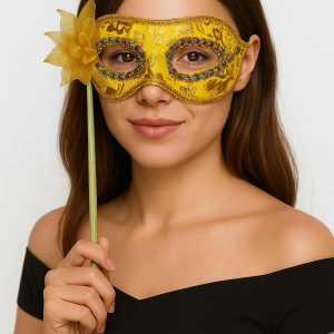 Lüks Taşlı Saplı Maskeli Balo Maskesi Altın Renk 35 cm