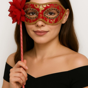 Lüks Taşlı Saplı Maskeli Balo Maskesi Kırmızı Renk 35 cm