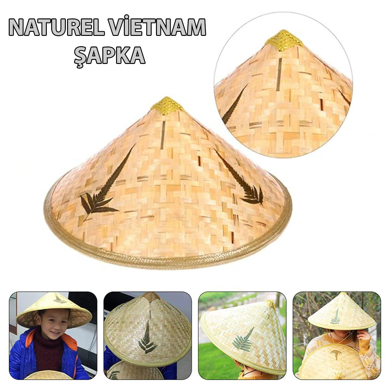 Naturel Renk Cambodia Kamboçyalı Vietnam Şapkası PVC Hasır