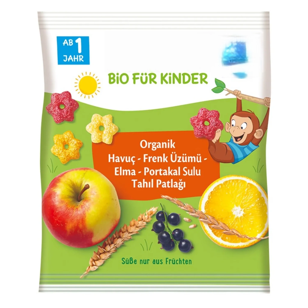 Organik Havuç Frenk Üzümü Elma Portakal Sulu Tahıl Patlağı 30 Gr