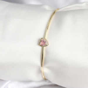 Pembe Zirkon Taşlı Kalp Model Gold Renk Kadın Bileklik