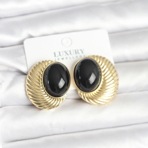 Pirinç Gold Renk Siyah Boncuklu Oval Vintage Kadın Küpe