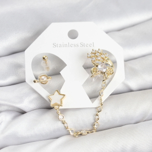 Pirinç Gold Renk Yıldız Model Zincir Bağlantılı Ear Cuff Küpe Seti