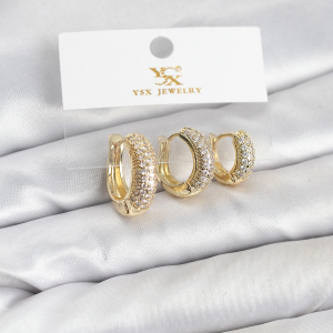 Pirinç Gold Renk Zirkon Taşlı Halka Model YSX Trio Küpe Seti