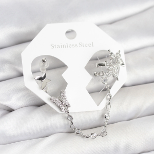 Pirinç Gümüş Renk Kelebek Model Zincir Bağlantılı Ear Cuff Küpe Seti
