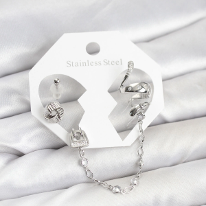 Pirinç Gümüş Renk Yılan Model Zincir Bağlantılı Ear Cuff Küpe Seti