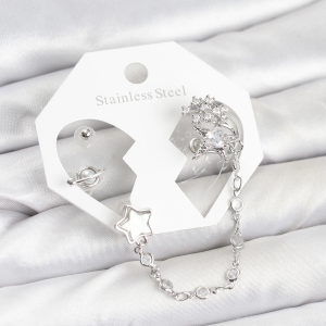 Pirinç Gümüş Renk Yıldız Model Zincir Bağlantılı Ear Cuff Küpe Seti