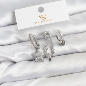 Pirinç Gümüş Renk Zirkon Taşlı Yıldız Vintage Model YSX Trio Küpe Seti