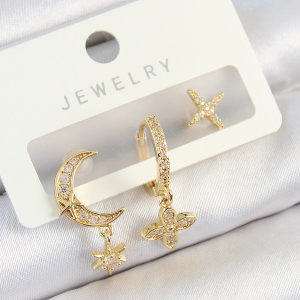 Pirinç Zirkon Taşlı Çiçek Ve Ay Model Gold Renk 3'lü Çift Kadın Küpe Set