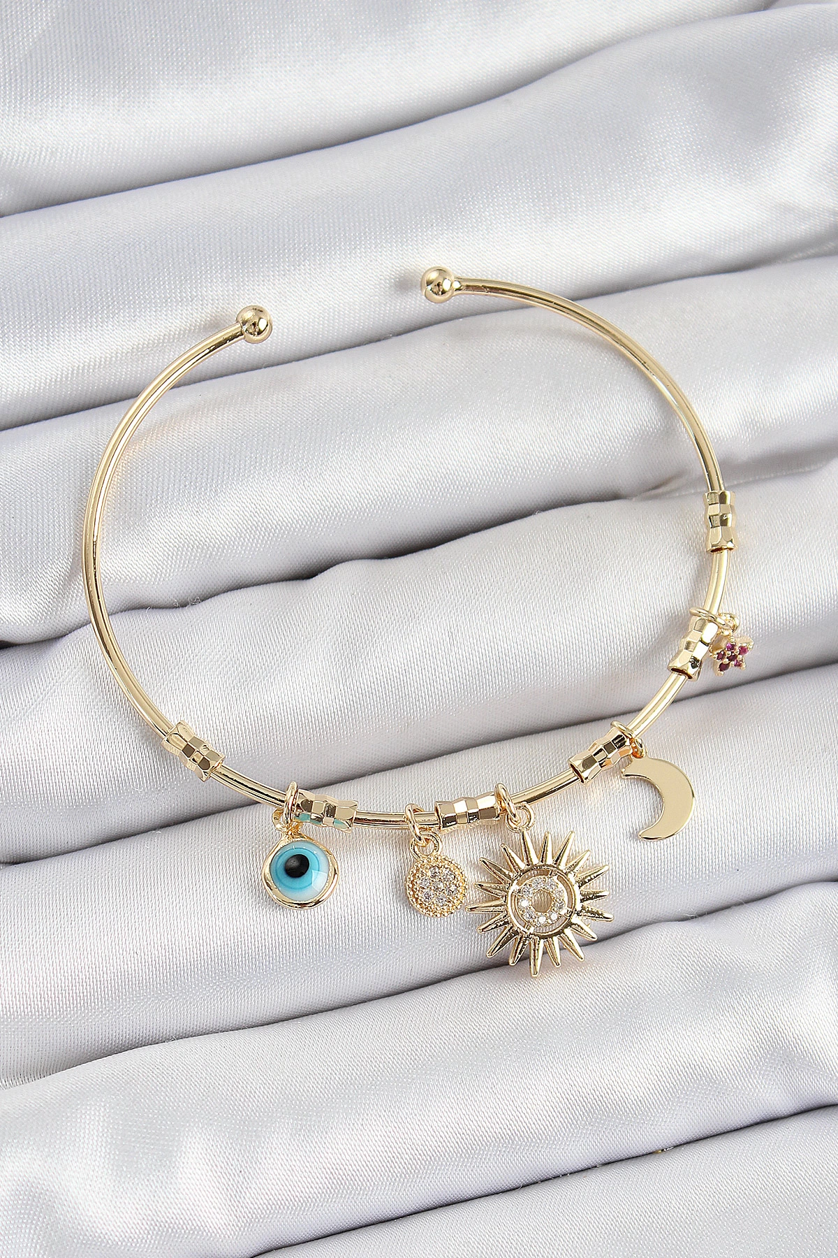 Pirinç Zirkon Taşlı Güneş Ay Nazar Model Gold Renk Charm Bileklik 1 Pirinç Zirkon Taşlı Güneş Ay Nazar Model Gold Renk Charm Bileklik