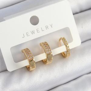 Pirinç Zirkon Taşlı Halka Model Gold Renk 3'lü Çift Kadın Küpe Set