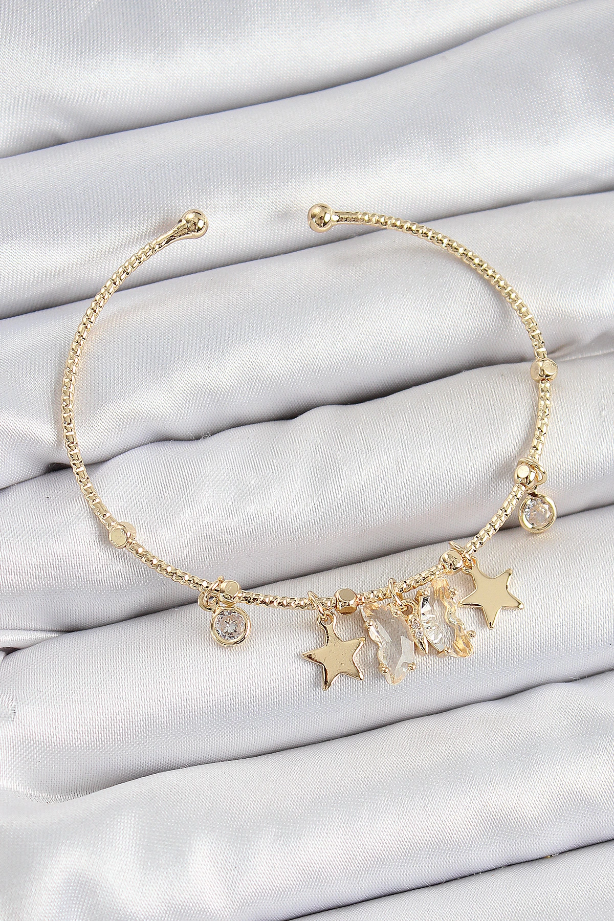 Pirinç Zirkon Taşlı Kelebek Ve Yıldız Model Gold Renk Charm Bileklik 1 Pirinç Zirkon Taşlı Kelebek Ve Yıldız Model Gold Renk Charm Bileklik