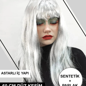 Platin Gri Gümüş Renk Uzun Parti Peruğu Uzun Takma Peruk