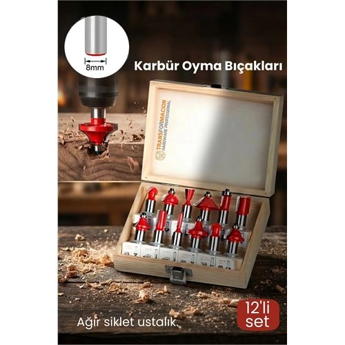Profesyonel 12'li Ahşap Freze Ucu Seti 8mm Şaft | Rulmanlı Karbür Oyma Bıçakları Ahşap Kutulu