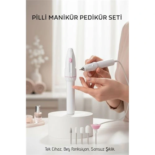 Profesyonel 5 Başlıklı Pilli Manikür Pedikür Seti - Güçlü Motorlu Tırnak Törpü ve Parlatıcı Bakım Kiti 722563