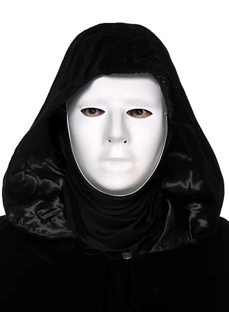 Siyah Kapüşonlu 120 cm Pelerin ve Beyaz Boyanabilir Tam Yüz Maske