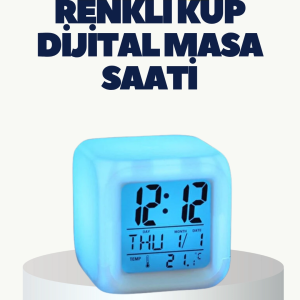 Termometre ve Takvim Özellikli 7 Renk Değiştiren Küp Alarm Saati