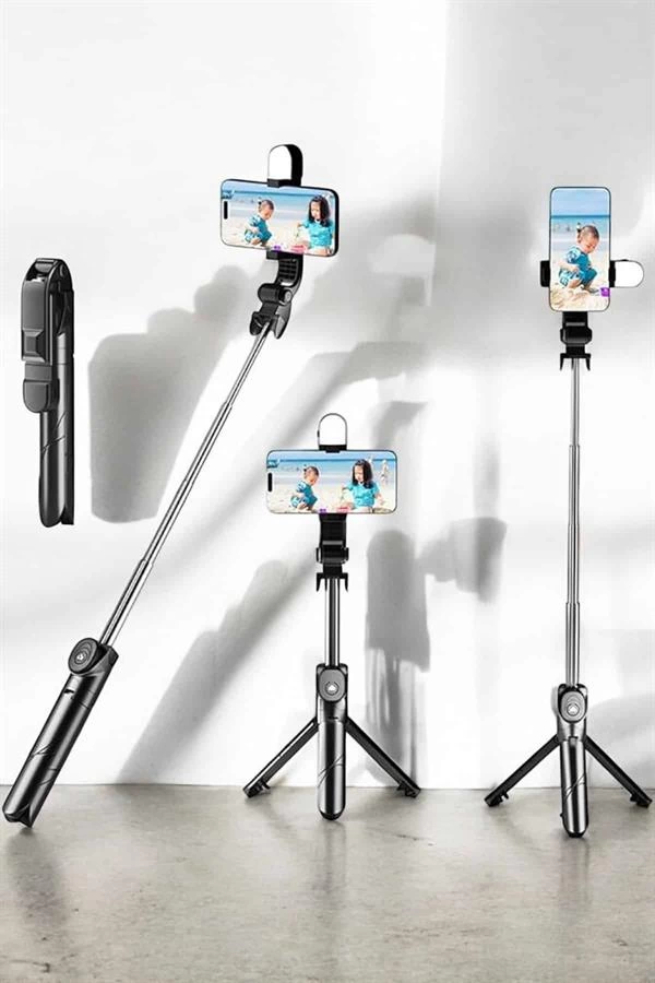 Tripod Kablosuz Bluetooth Bağlantılı Selfie Çubuğu 360 Derece Dönebilen 1 Tripod Kablosuz Bluetooth Bağlantılı Selfie Çubuğu 360 Derece Dönebilen