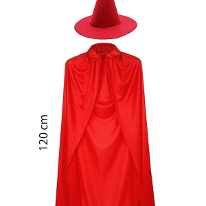 Yetişkin Boy 120 cm Kırmızı Yakalı Pelerin ve Kırmızı Cadı Şapkası