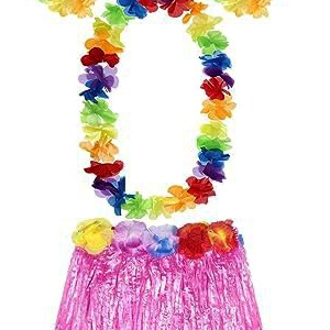 Yetişkin ve Çocuk Uyumlu Luau Aloha Hawaii Pembe Etek ve Renkli Kolye Taç 2 Adet Bileklik Seti