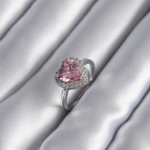 Pirinç Gümüş Renk Pembe Zirkon Taş Kalp Charm Model Kadın Yüzük 5886