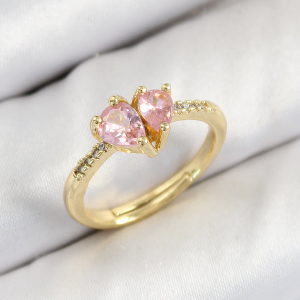 Pirinç Zirkon Taşlı Pembe Kalp Model Gold Renk Kadın Yüzük 5886