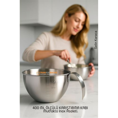 Inox Çelik Profesyonel Ölçülü Karıştırma Kabı - 400 ml Sos & Hazırlık Şefi Serisi