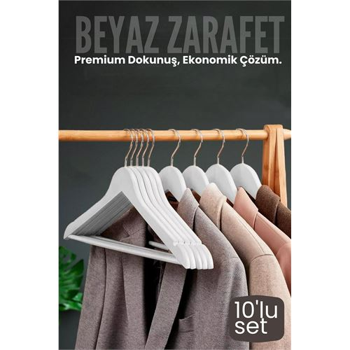 10'lu Lüks Beyaz Elbise Ceket Askısı - Ergonomik & Kaymaz Plastik Askı Seti - Ahşap Görünümlü