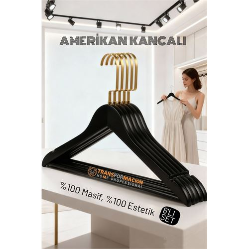 LasVegas Ahşap Elbise Askısı - 6'lı Set Lüks Amerikan Kancalı Gardırop Düzenleyici