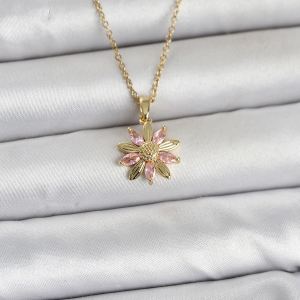 316L Çelik Zincir Gold Renk Pembe Papatya Model Kadın Kolye 5886