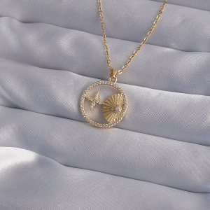 316L Çelik Zincir Gold Renk Zirkon Taşlı Yıldız Figürlü Oval Kolye 5886