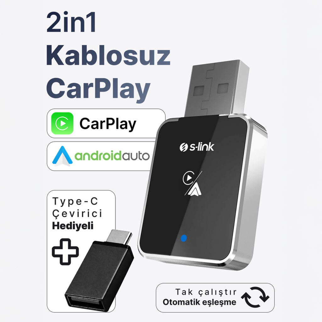 S-LINK SL-CAR01 2in1 Android ve Apple Cihazlar Kablosuz Android Auto ve Carplay Adaptörü(1923)
