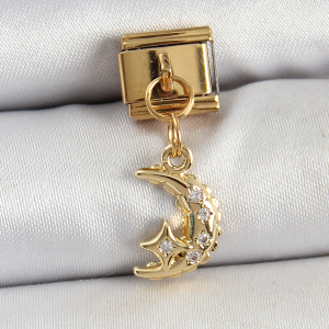 316L Çelik Sallantılı Zirkon Taşlı Ay Model Gold Renk Nomination Charm 5886