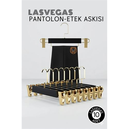 LasVegas Siyah Ahşap Pantolon ve Etek Askı Seti 10'lu Set Lüks Amerikan Kancalı