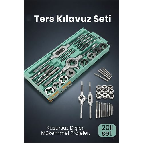 20 Parça Profesyonel Metrik Ters Kılavuz ve Pafta Seti M3-M12 - Hassas Diş Açma ve Onarım Takımı