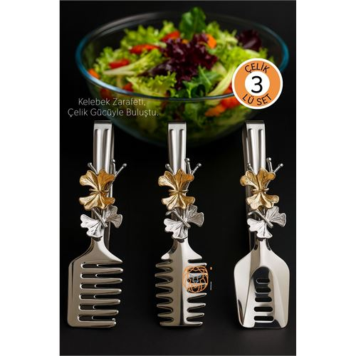 Kelebek Figürlü 3’lü Paslanmaz Çelik Servis Maşası Seti - Salata Pasta ve Izgara Maşası