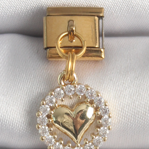 316L Çelik Gold Renk Sallantı Zirkon Taşlı Kalp Model Nomination Charm 5886