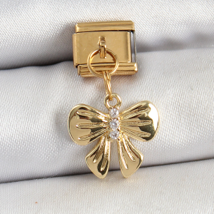 316L Çelik Sallantılı Zirkon Taşlı Fiyonk Model Gold Renk Nomination Charm 5886