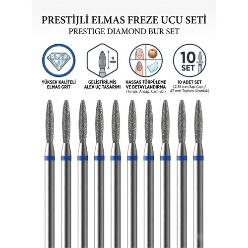 10'lu ORTA SERT Ultra Hassas Elmas Freze Ucu - Kuru Manikür, Tırnak, Hobi, Gravür Seti  723102