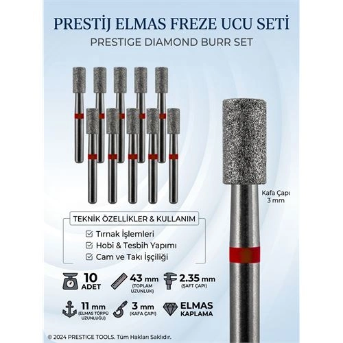 10'lu ORTA SERT Ultra Hassas Elmas Freze Ucu - Kuru Manikür, Tırnak, Hobi, Gravür Seti  723103
