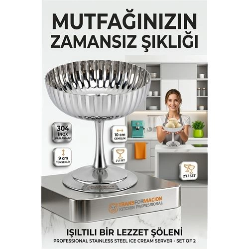 2'li Profesyonel İnox Gümüş Paslanmaz Çelik Ayaklı Dondurma ve Tatlı Sunum Kasesi Seti 723148