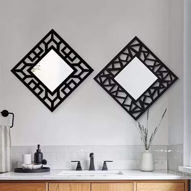 2'li Set Kırılmaz Pleksi Dekoratif Duvar Aynası - 22.5x22.5 cm Geometrik Çerçeveli 1. Sınıf Ayna