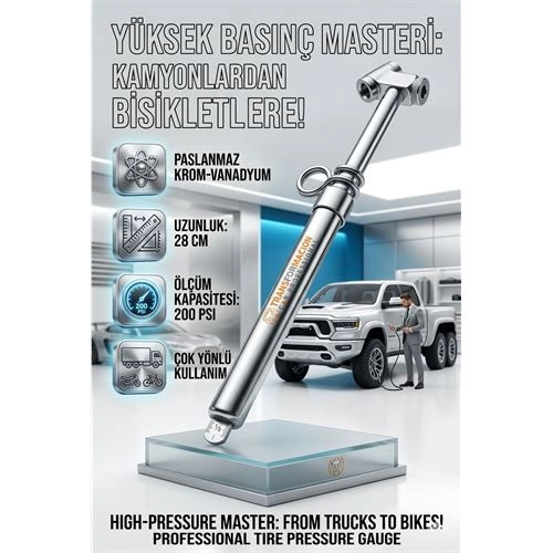200 PSI Profesyonel Metal Kalem Tipi Lastik Basınç Ölçer - Kamyon ve Otobüs Uyumlu 723154