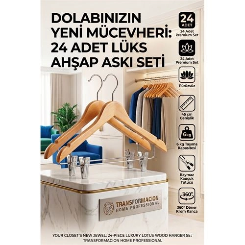 24'lü Ahşap Takım Elbise Askısı Seti | Kıskaçlı Pantolon Askısı Kaymaz Çentikli Ceket Askılığı 723124